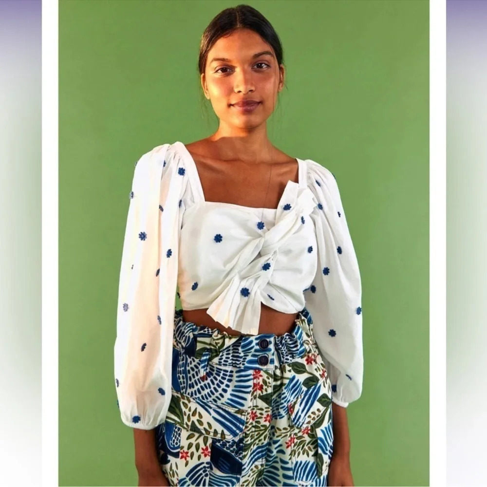 FARM Rio White Puff-Sleeve Tie-Front Blouse with Blue Embroidery